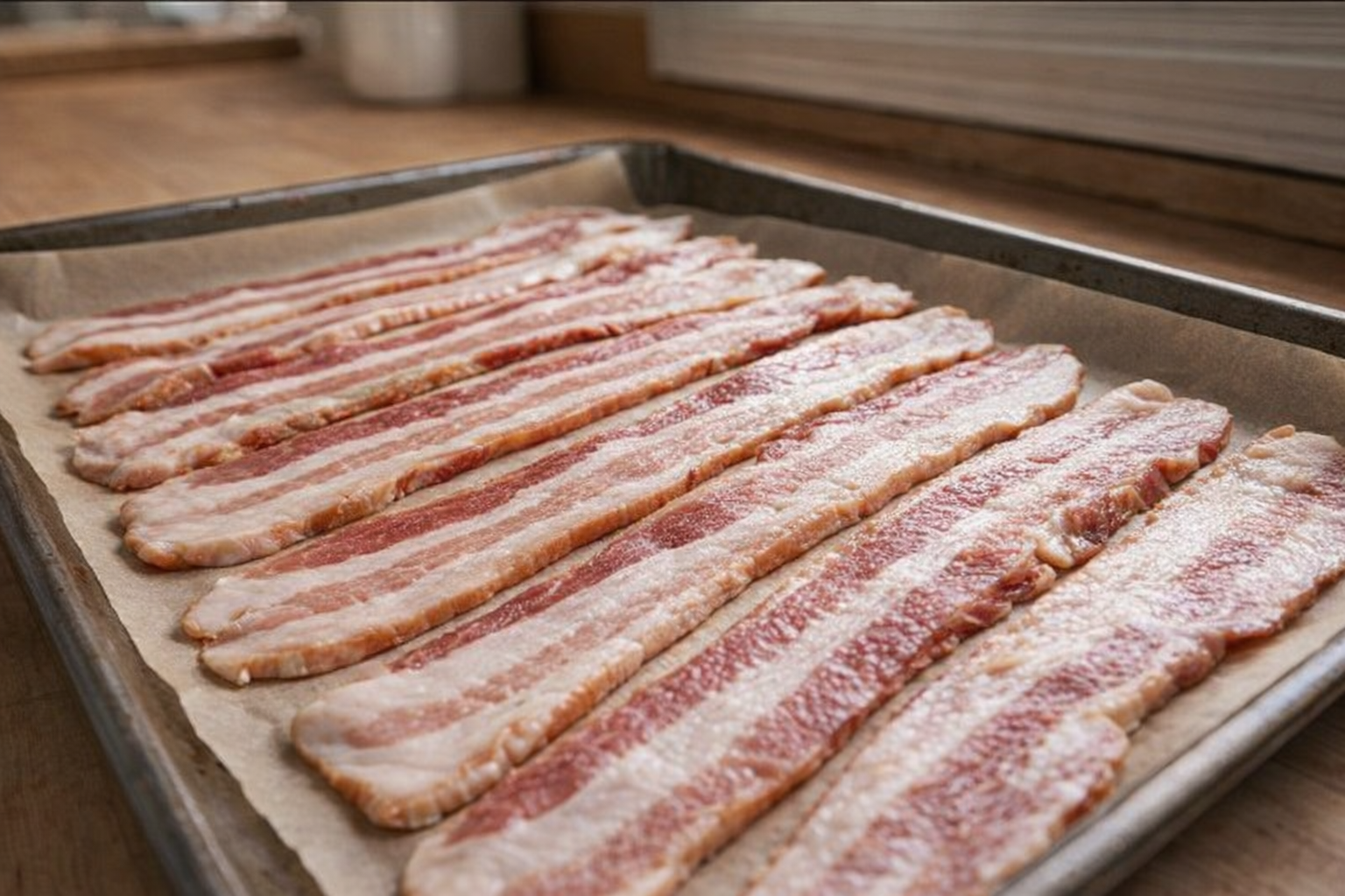 Close-up shot of raw bacon strips on parchment paper-lined baking sheet, ready for the oven, natural light, slightly angled perspective